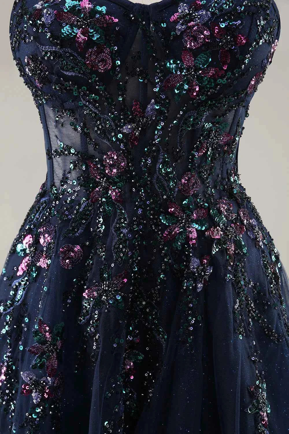 Lydia Navy Blue Tulle Sweetheart Neck Corset Slit Maxi Dress