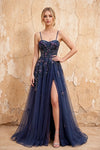 Lydia Navy Blue Tulle Sweetheart Neck Corset Slit Maxi Dress