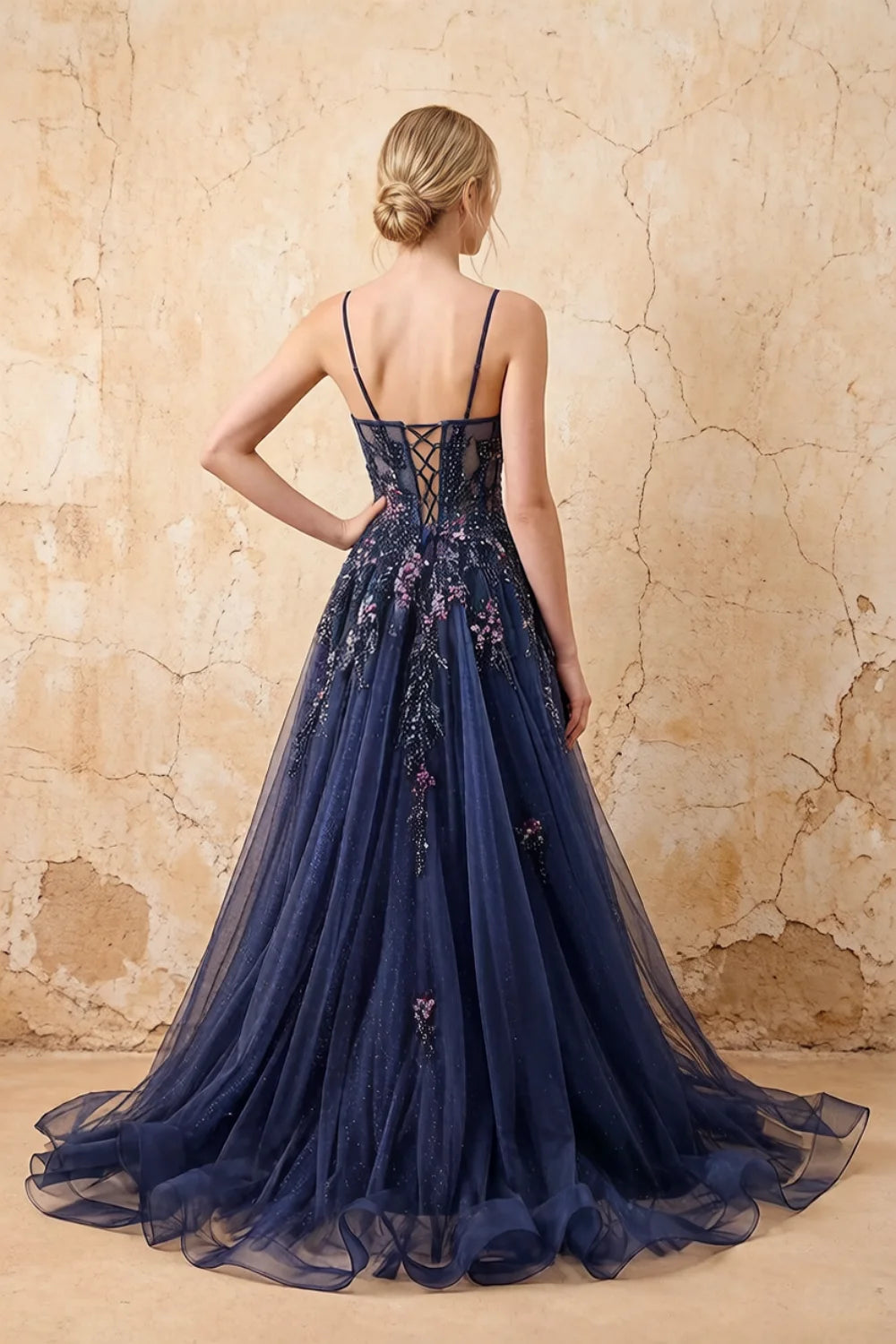 Lydia Navy Blue Tulle Sweetheart Neck Corset Slit Maxi Dress