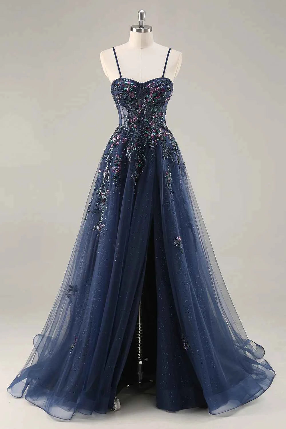 Lydia Navy Blue Tulle Sweetheart Neck Corset Slit Maxi Dress