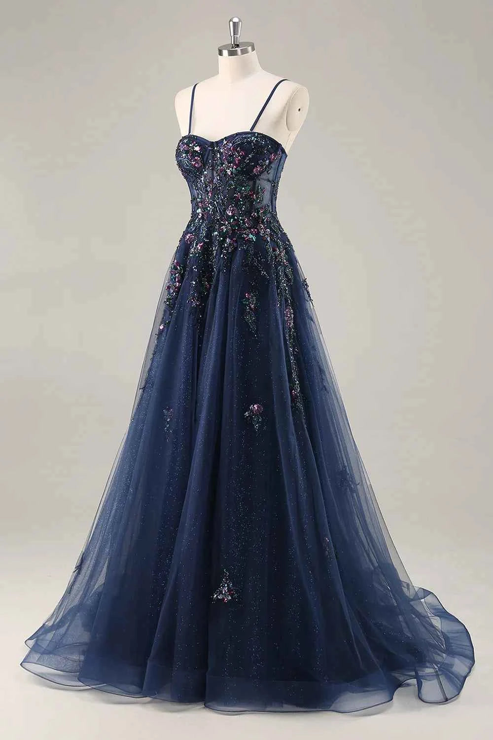 Lydia Navy Blue Tulle Sweetheart Neck Corset Slit Maxi Dress