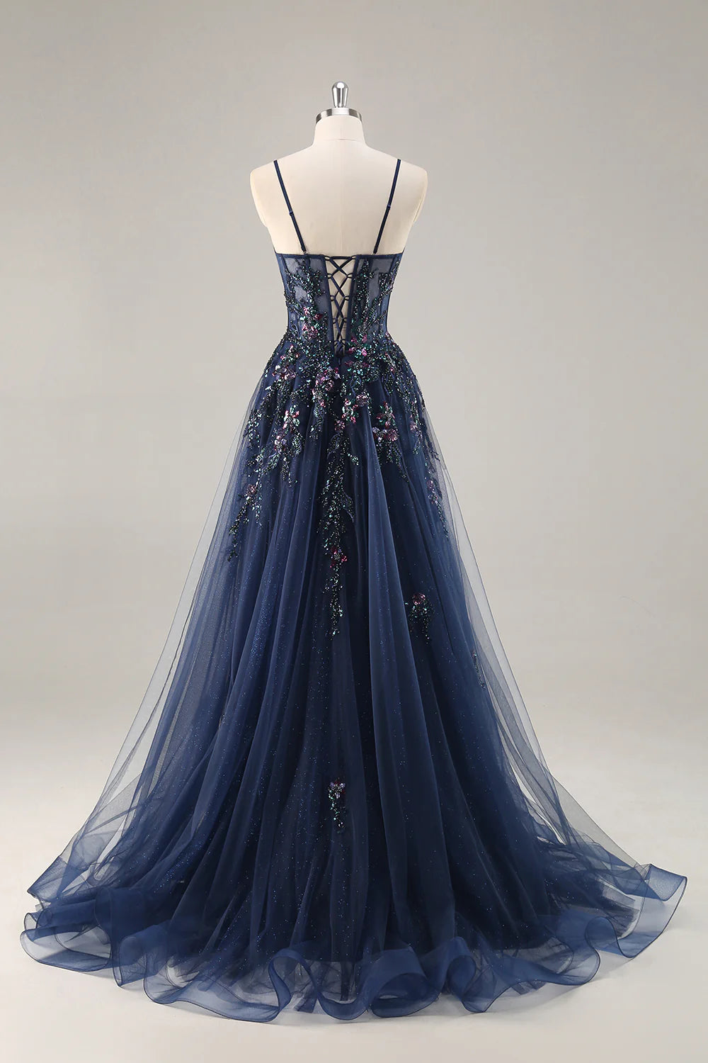 Lydia Navy Blue Tulle Sweetheart Neck Corset Slit Maxi Dress