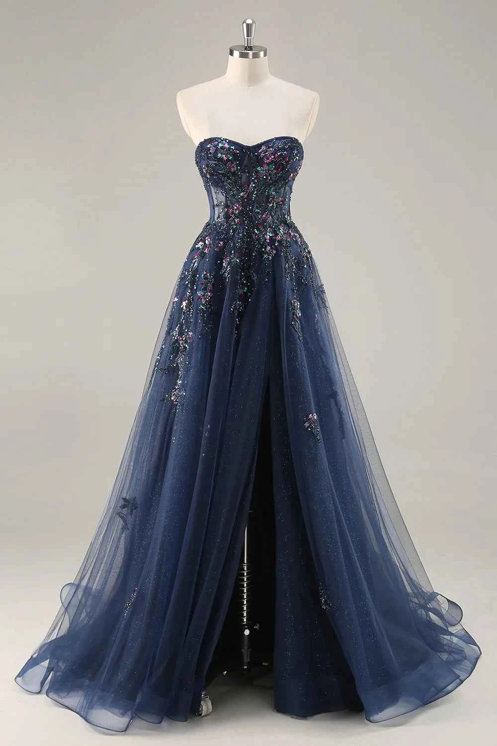 Lydia Navy Blue Tulle Sweetheart Neck Corset Slit Maxi Dress