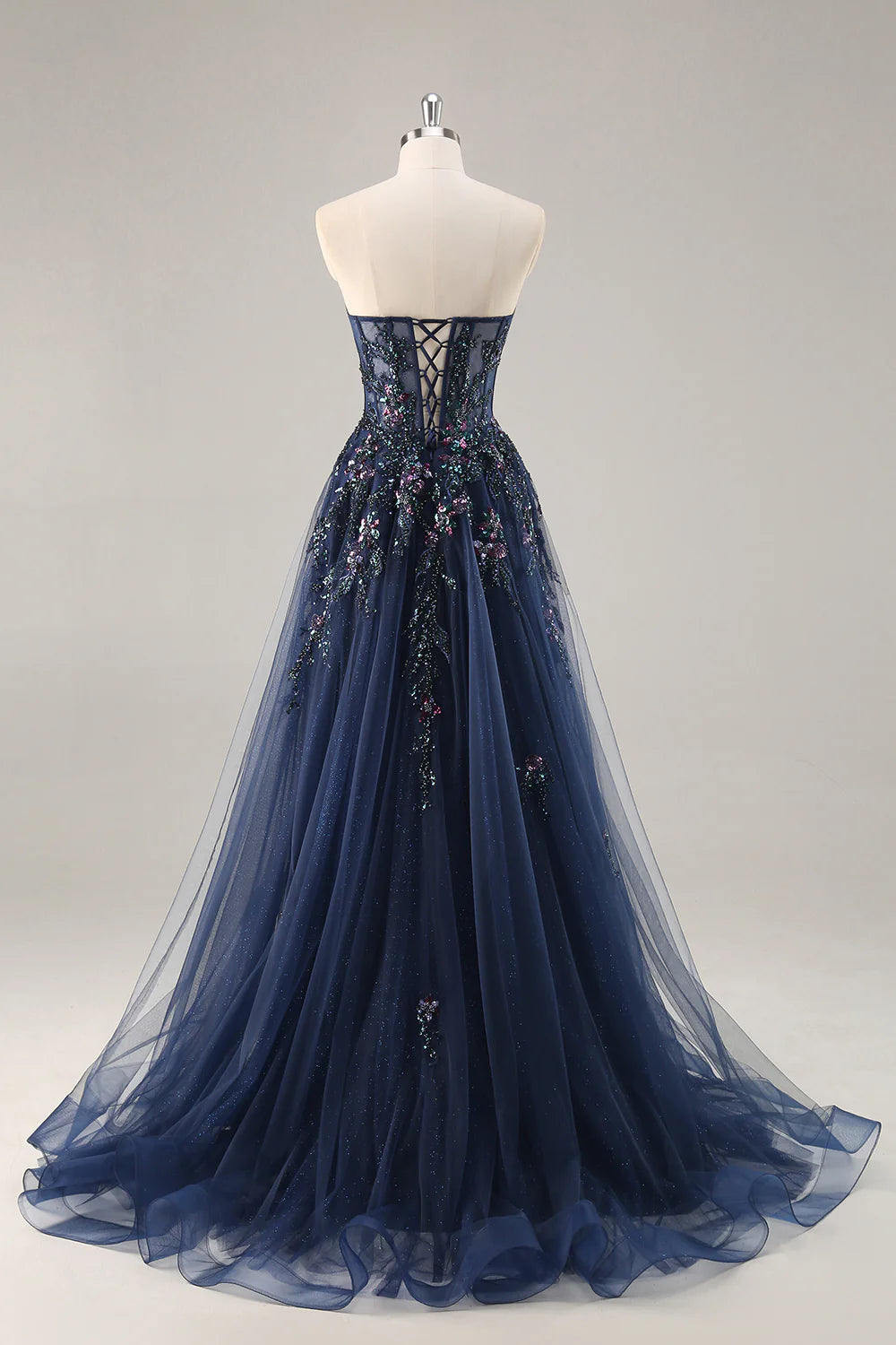 Lydia Navy Blue Tulle Sweetheart Neck Corset Slit Maxi Dress