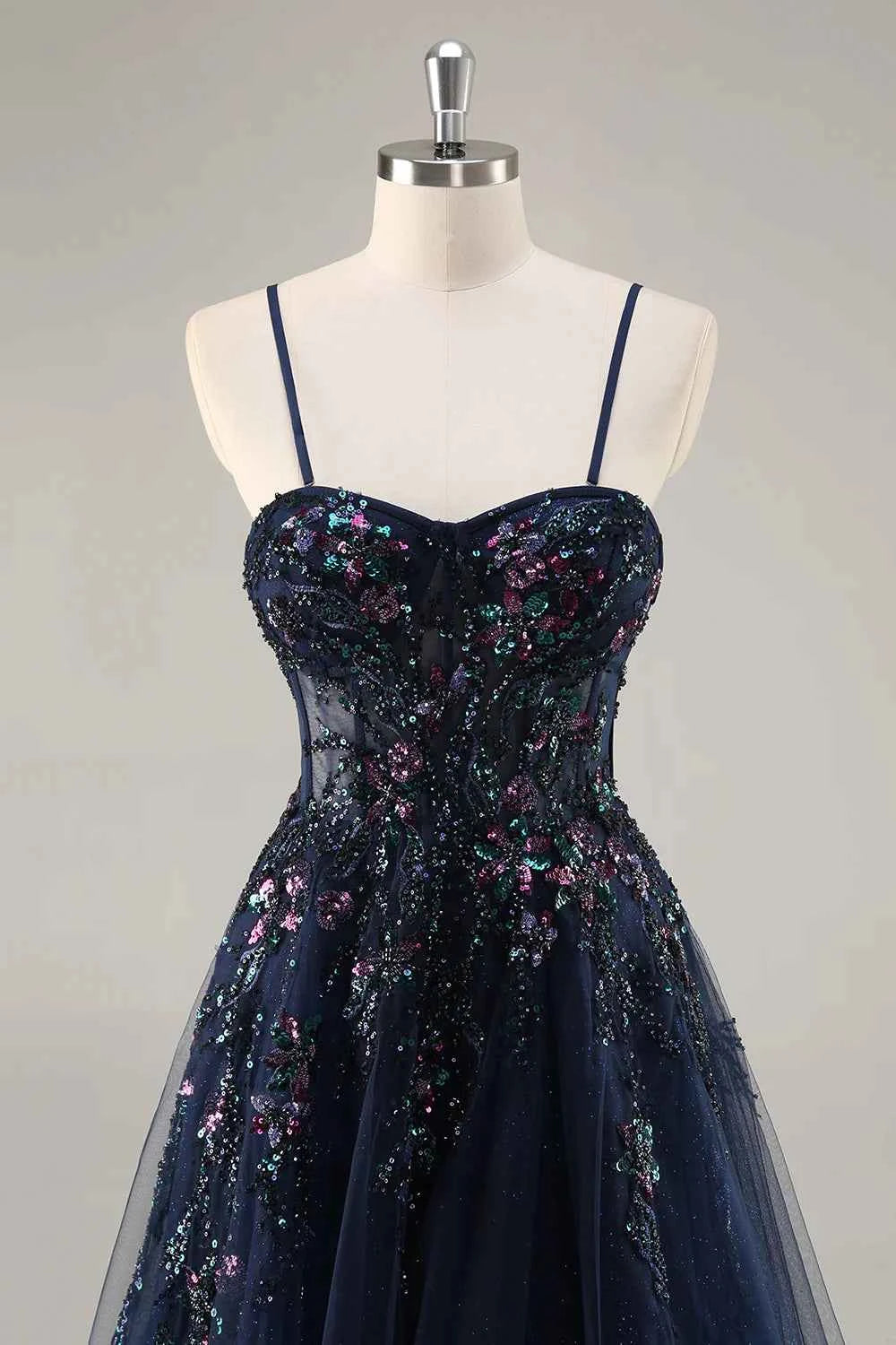 Lydia Navy Blue Tulle Sweetheart Neck Corset Slit Maxi Dress
