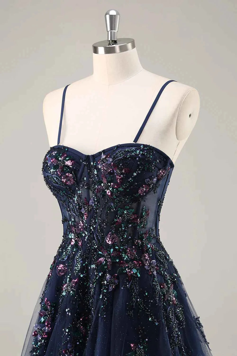 Lydia Navy Blue Tulle Sweetheart Neck Corset Slit Maxi Dress