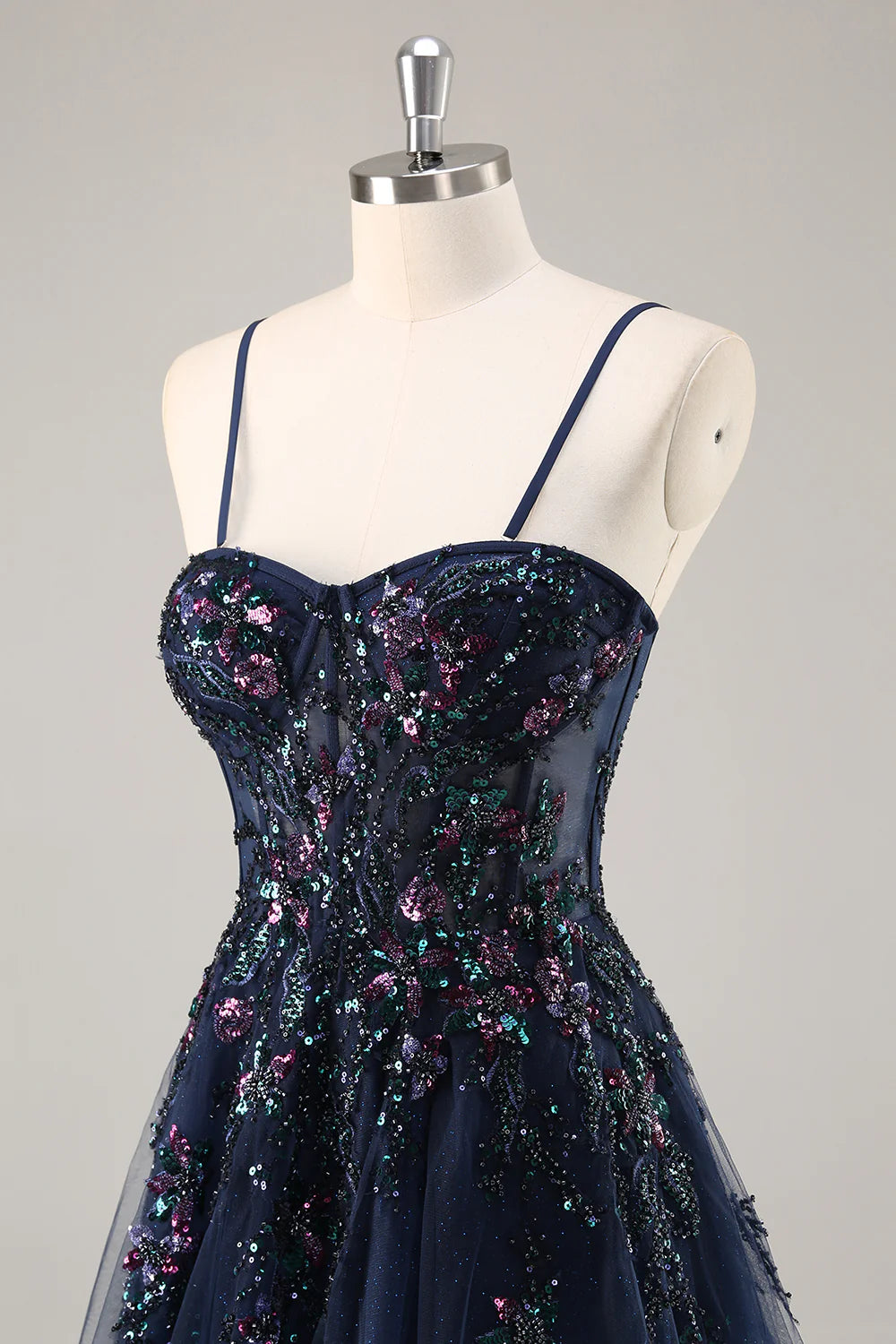 Lydia Navy Blue Tulle Sweetheart Neck Corset Slit Maxi Dress