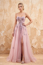 Lydia Dusty Rose Tulle Sweetheart Neck Corset Slit Maxi Dress