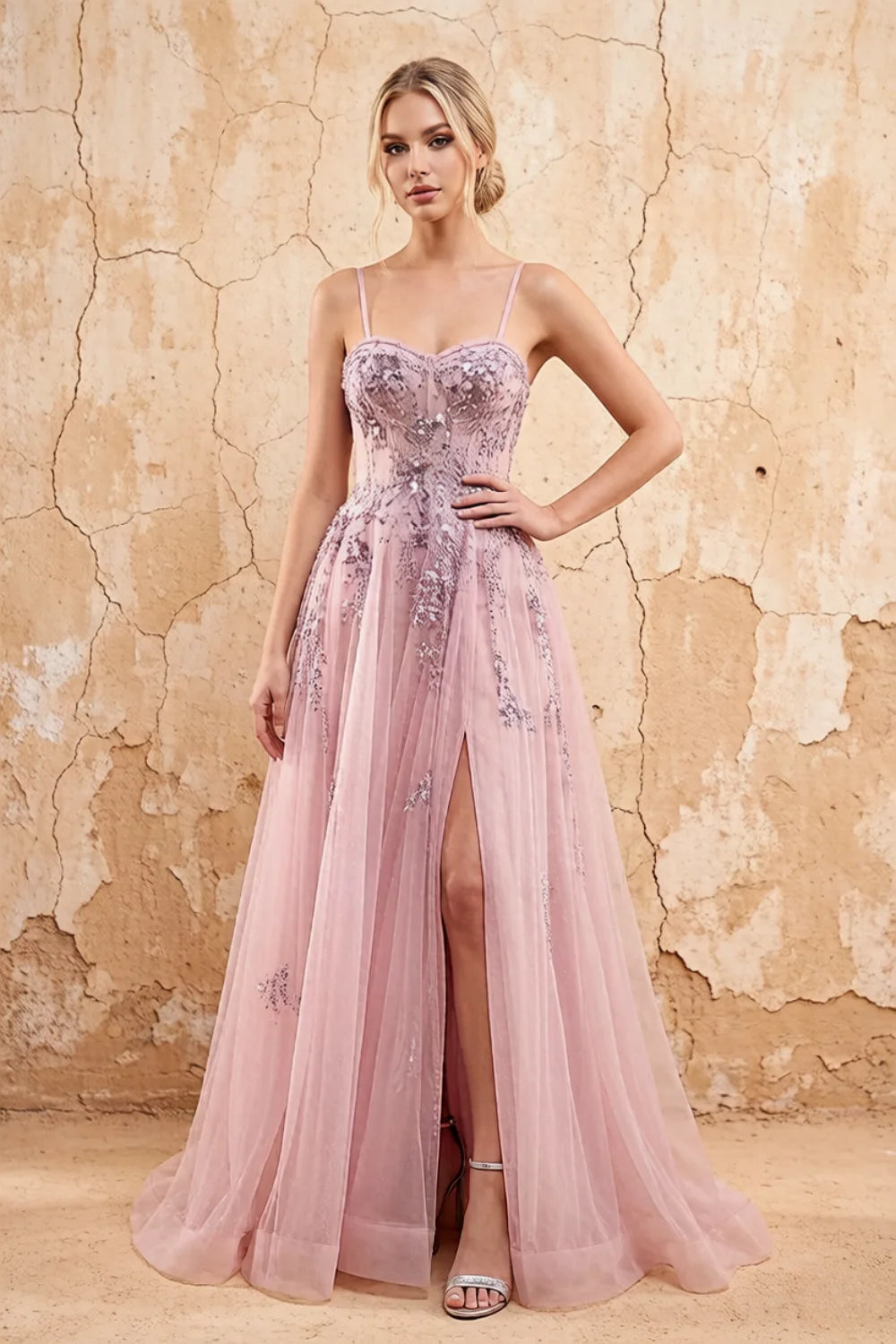 Lydia Dusty Rose Tulle Sweetheart Neck Corset Slit Maxi Dress