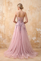 Lydia Dusty Rose Tulle Sweetheart Neck Corset Slit Maxi Dress