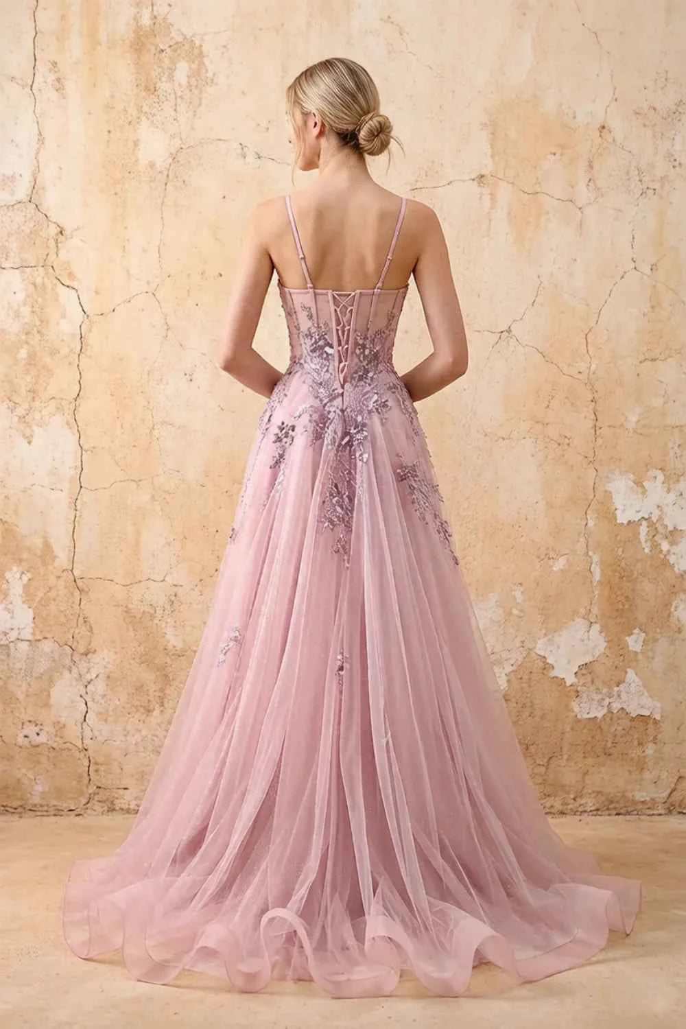 Lydia Dusty Rose Tulle Sweetheart Neck Corset Slit Maxi Dress