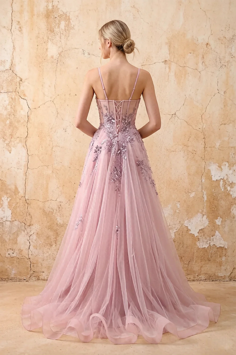 Lydia Dusty Rose Tulle Sweetheart Neck Corset Slit Maxi Dress