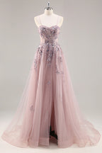 Lydia Dusty Rose Tulle Sweetheart Neck Corset Slit Maxi Dress