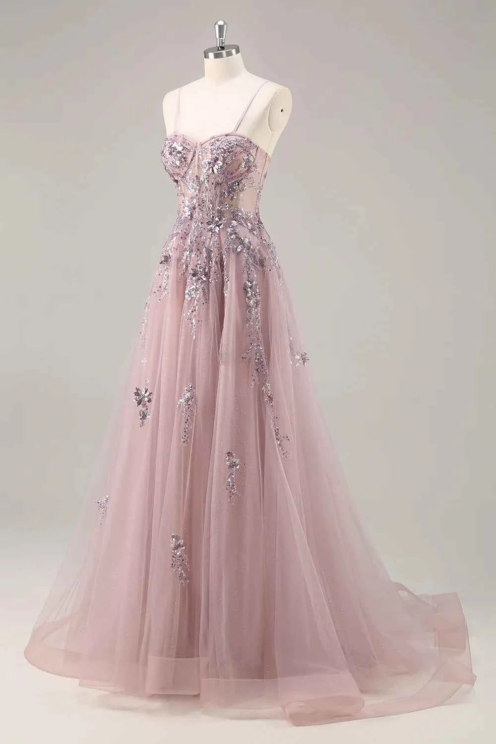 Lydia Dusty Rose Tulle Sweetheart Neck Corset Slit Maxi Dress