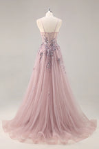 Lydia Dusty Rose Tulle Sweetheart Neck Corset Slit Maxi Dress