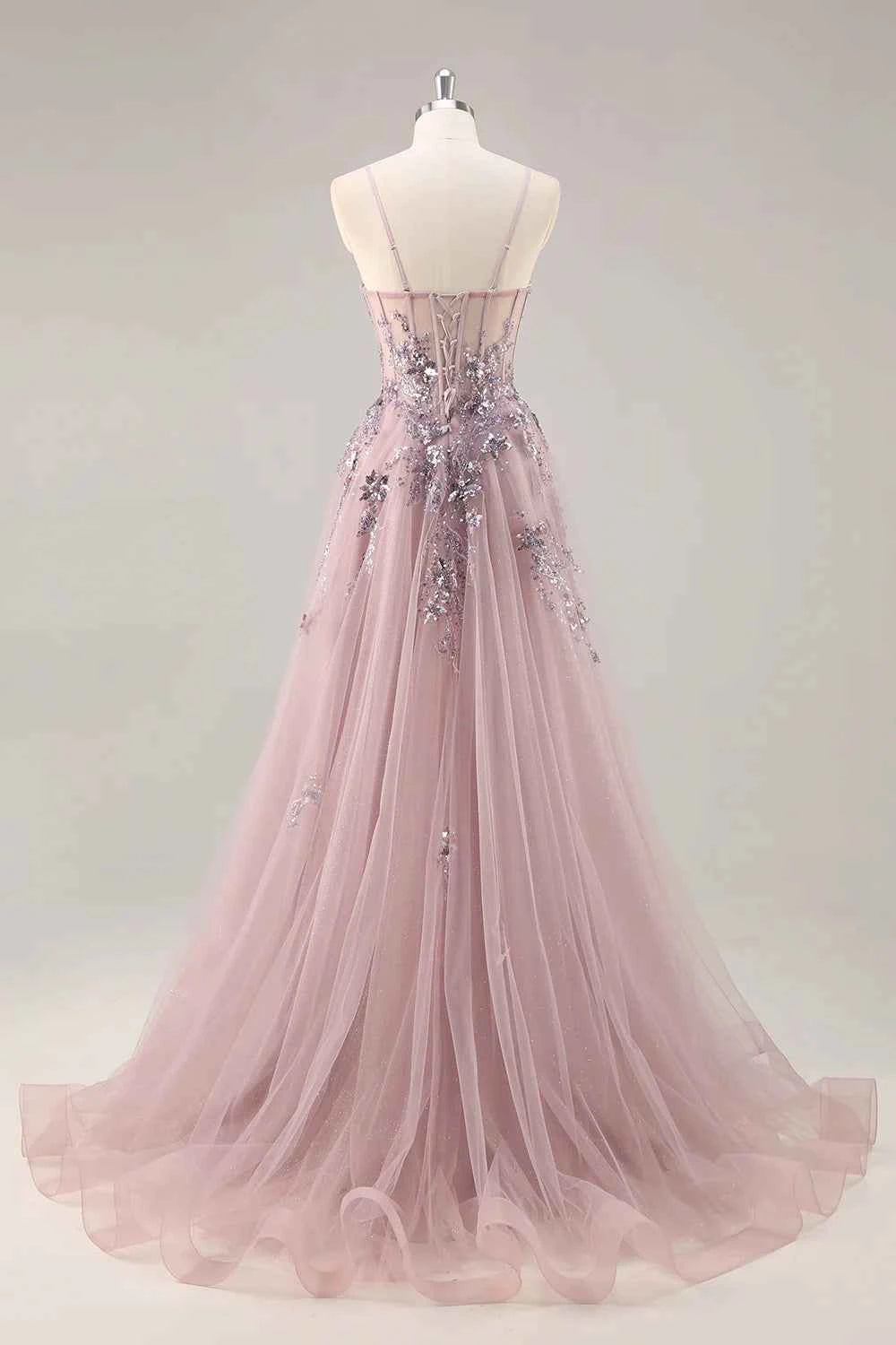 Lydia Dusty Rose Tulle Sweetheart Neck Corset Slit Maxi Dress