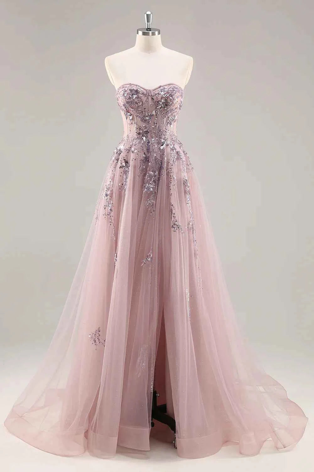 Lydia Dusty Rose Tulle Sweetheart Neck Corset Slit Maxi Dress