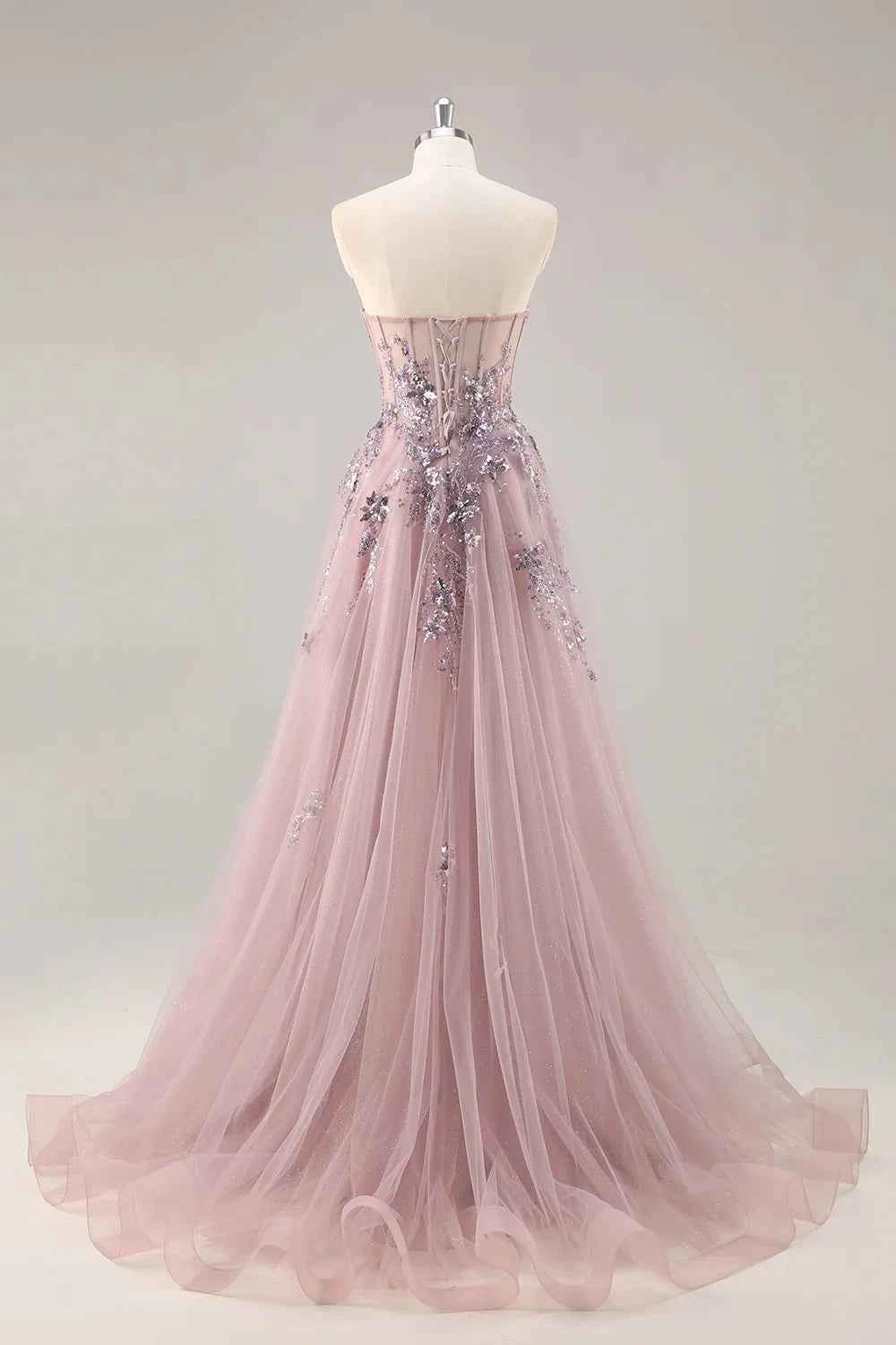 Lydia Dusty Rose Tulle Sweetheart Neck Corset Slit Maxi Dress