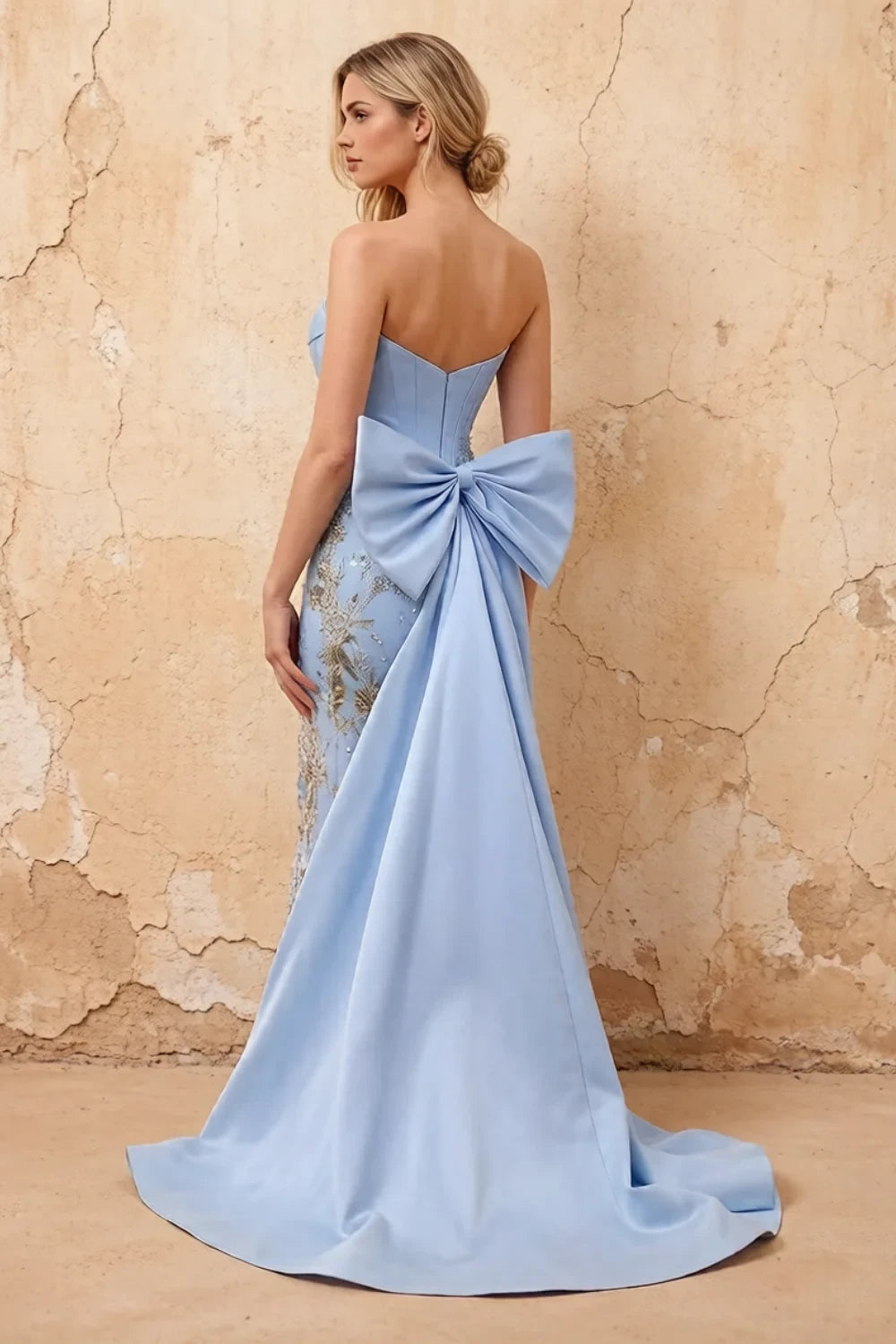 Translation missing: en.Lynn Light Blue convertible strapless corset floral maxi dress with detachable oversized bow - product photo 2 content.product_image_secondary