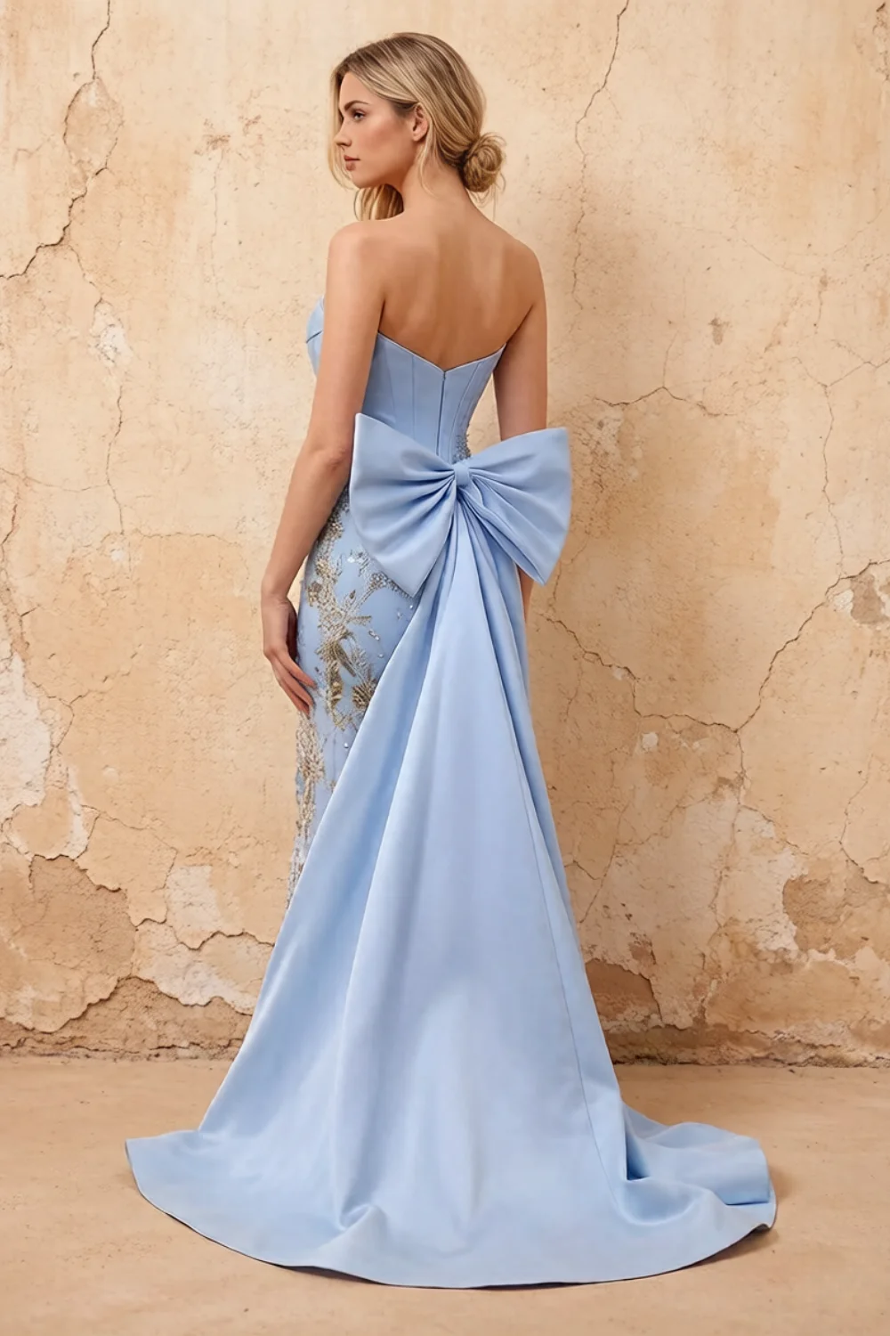 Lynn Light Blue Convertible Strapless Corset Maxi Dress With Bow