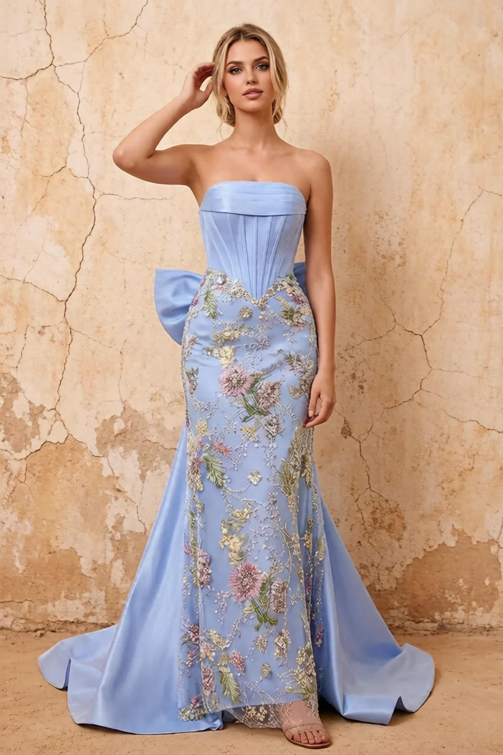 Lynn Light Blue Convertible Strapless Corset Maxi Dress With Bow