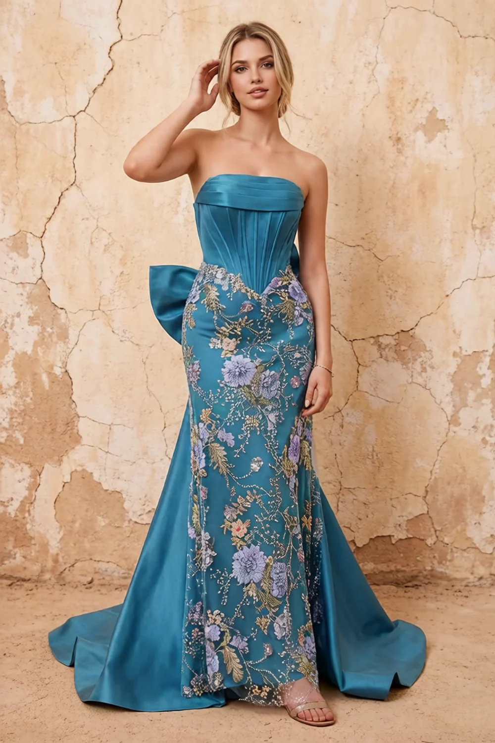 Lynn Peacock Convertible Strapless Corset Maxi Dress With Bow Main image