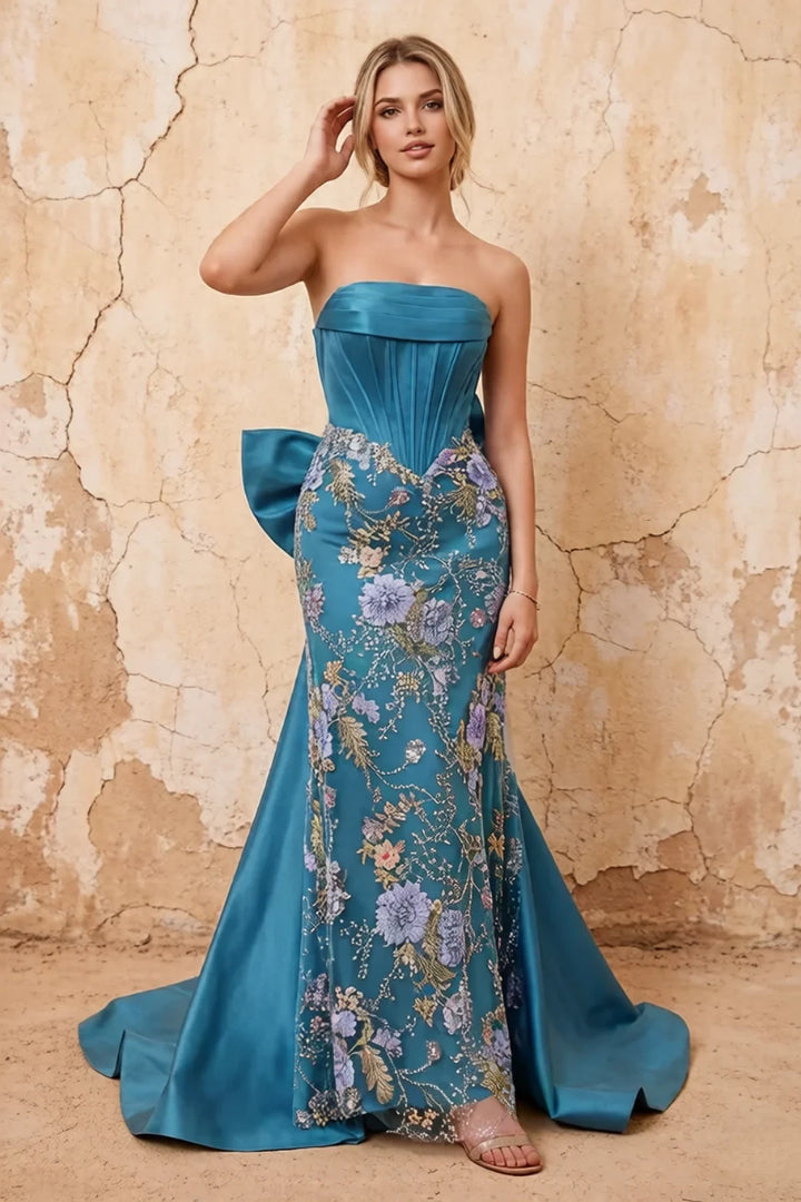 Lynn Peacock Convertible Strapless Corset Maxi Dress with Bow