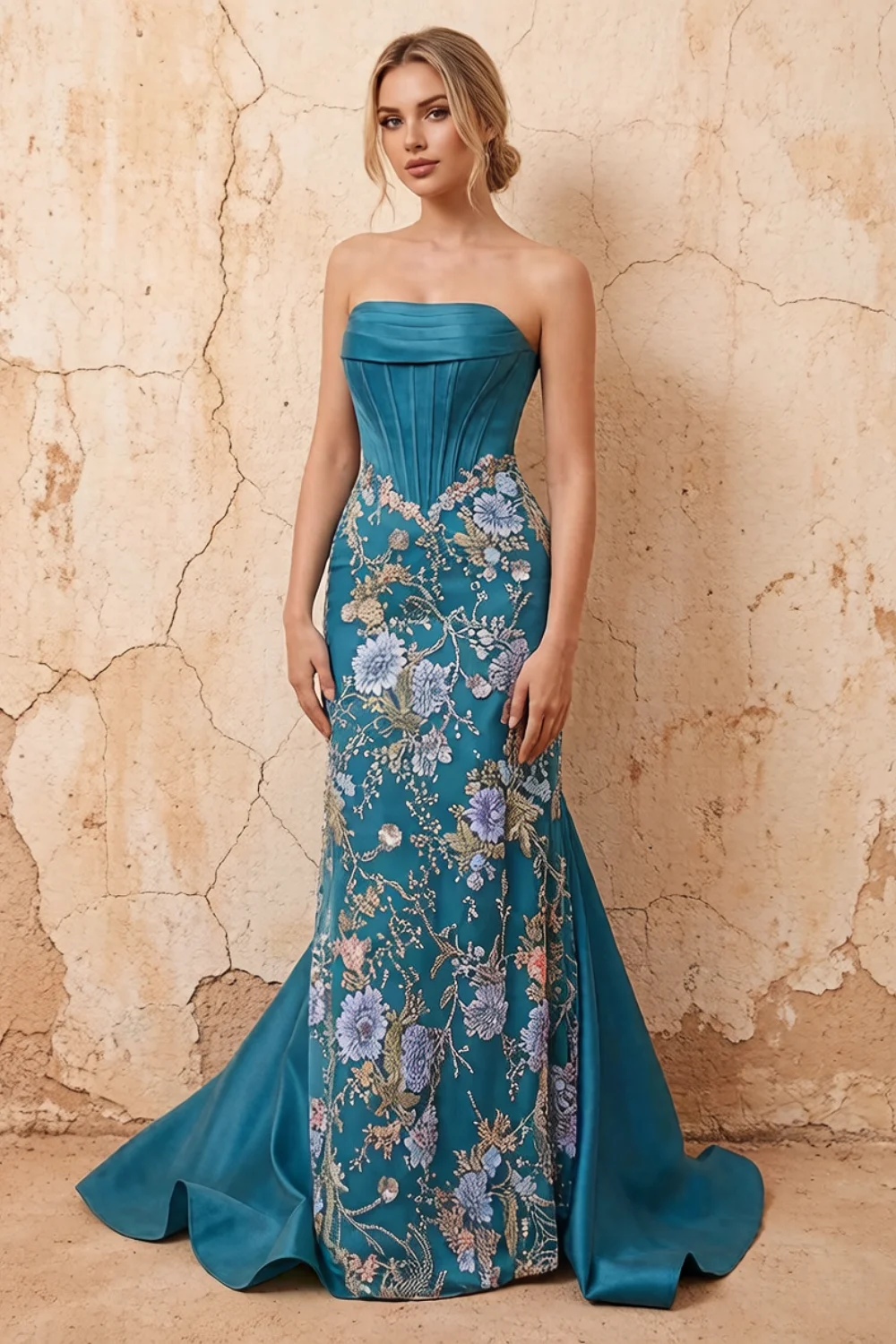 Lynn Peacock Convertible Strapless Corset Maxi Dress With Bow