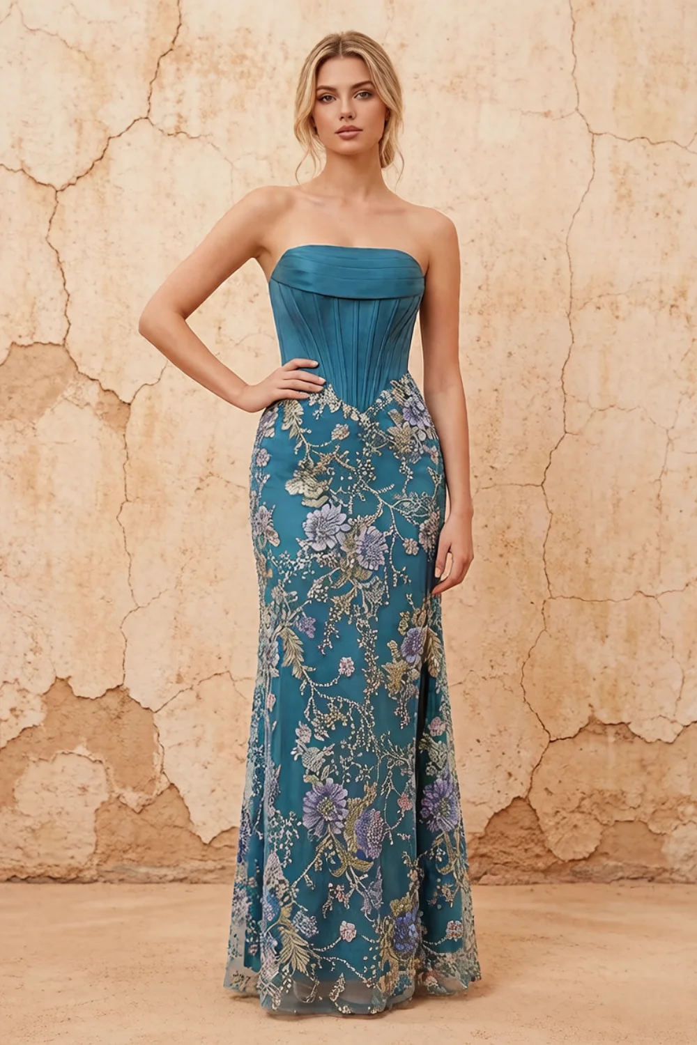 Lynn Peacock Convertible Strapless Corset Maxi Dress With Bow