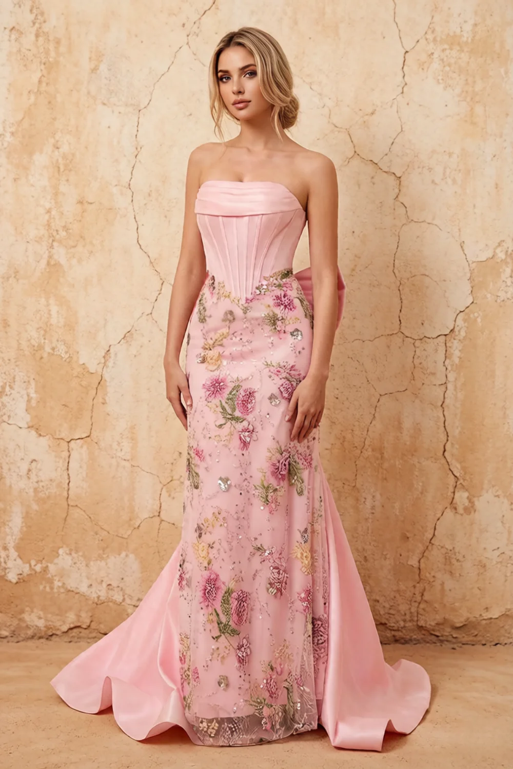 Lynn Pink Convertible Strapless Corset Maxi Dress With Bow