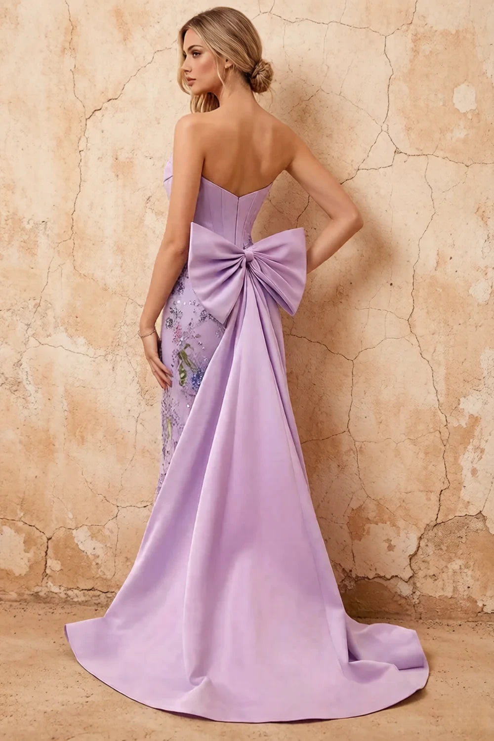 Translation missing: en.Lynn Purple convertible strapless corset floral maxi dress with detachable oversized bow - product photo 2 content.product_image_secondary