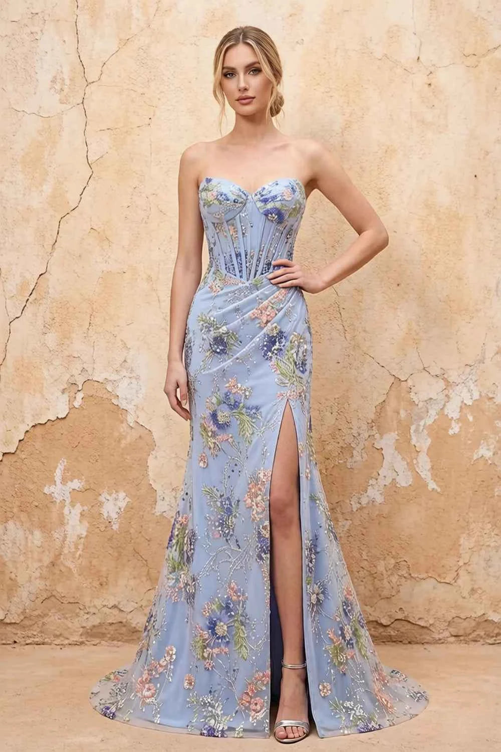 Mabel Light Blue Mermaid Strapless Maxi Dress With Slit