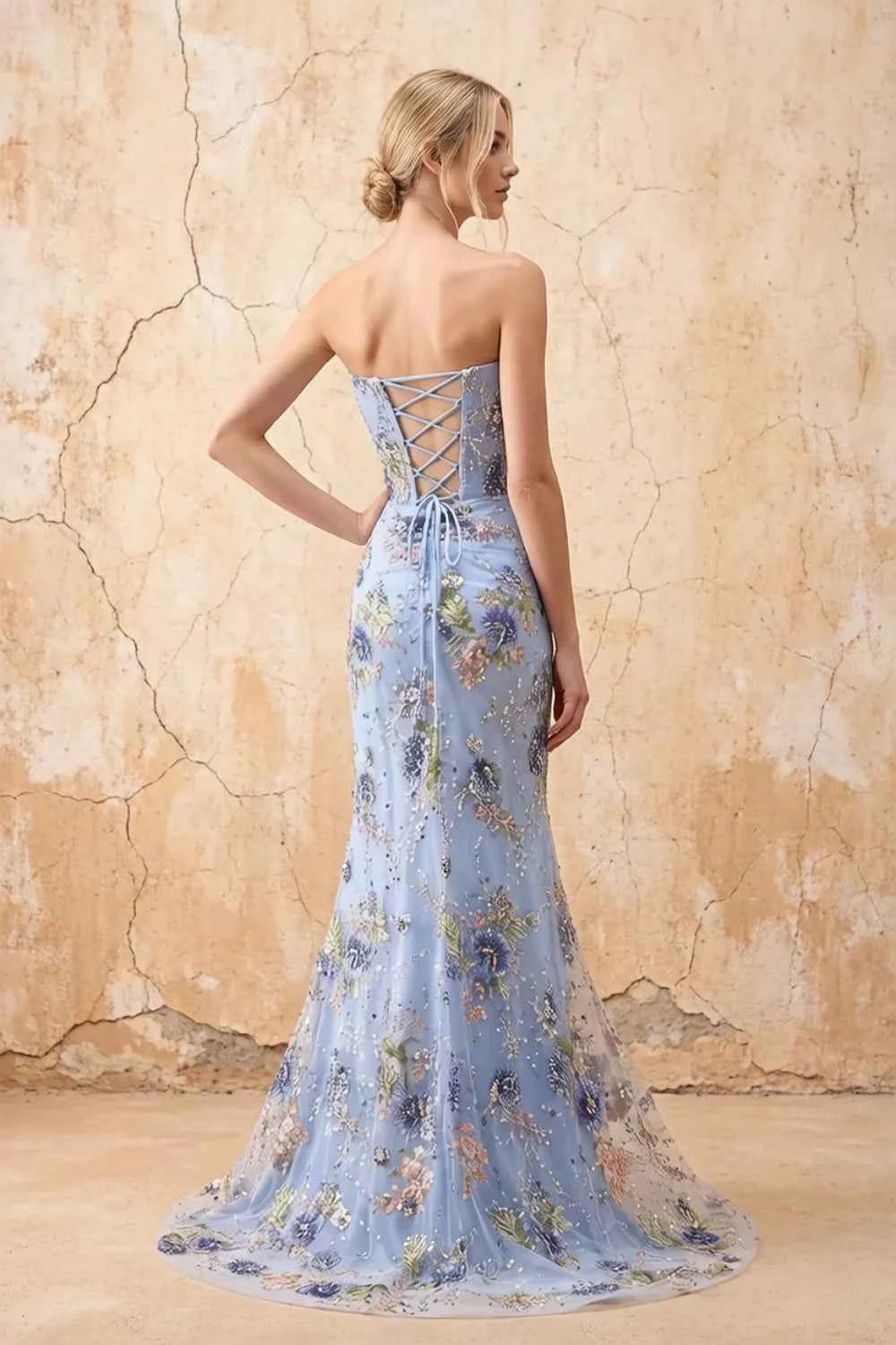 Mabel Light Blue Mermaid Strapless Maxi Dress With Slit