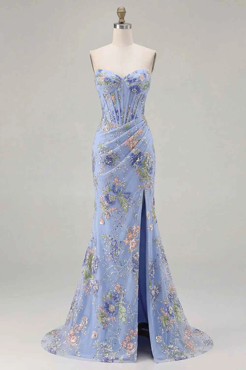 Mabel Light Blue Mermaid Strapless Maxi Dress With Slit
