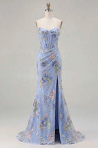 Mabel Light Blue Mermaid Strapless Maxi Dress With Slit