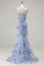 Mabel Light Blue Mermaid Strapless Maxi Dress With Slit