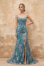 Mabel Peacock Mermaid Strapless Maxi Dress With Slit