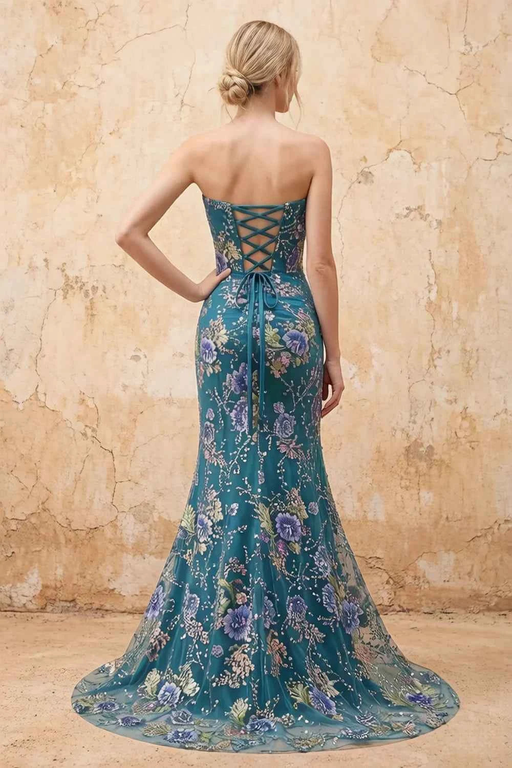 Mabel Peacock Mermaid Strapless Maxi Dress With Slit