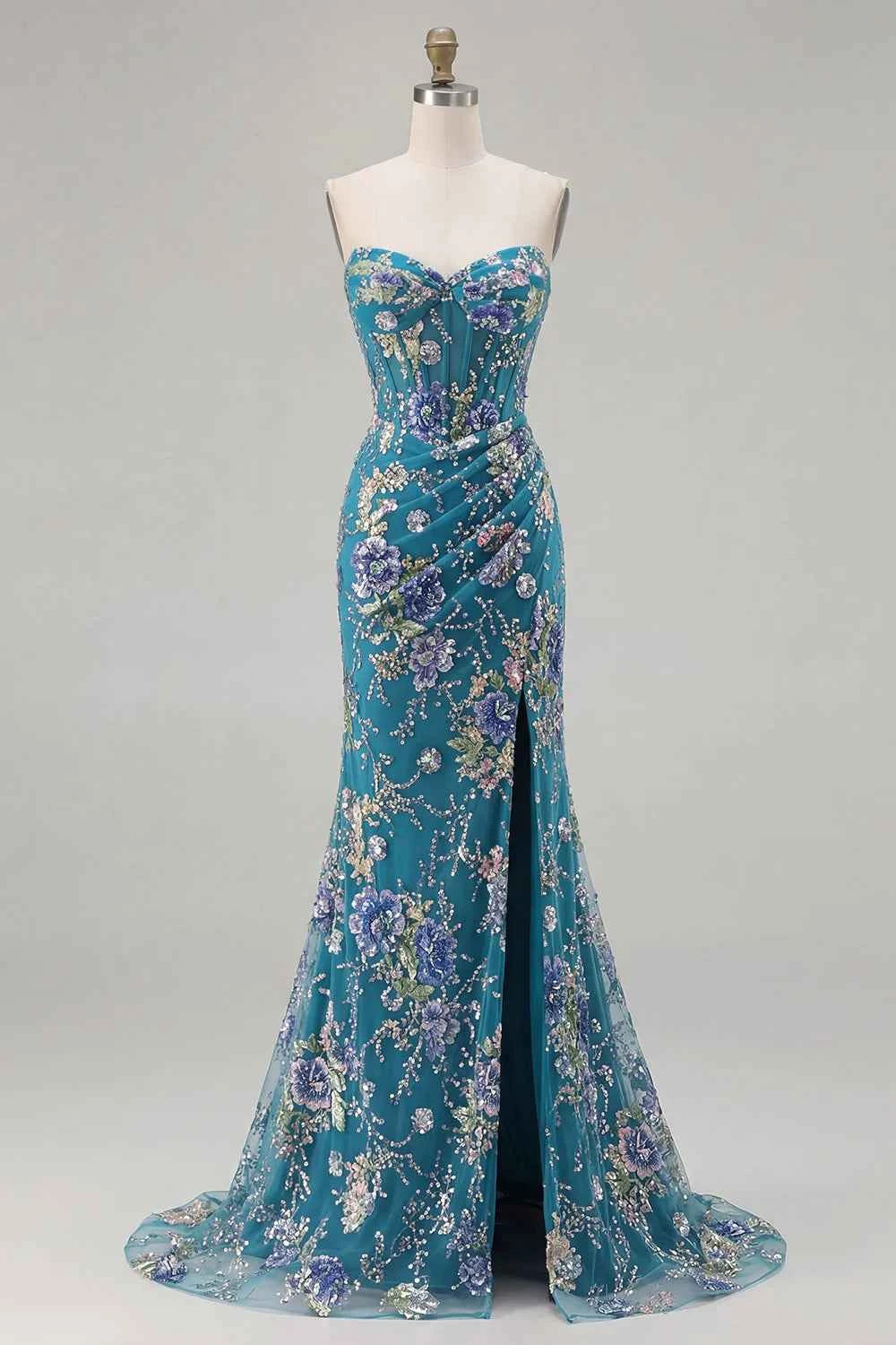 Mabel Peacock Mermaid Strapless Maxi Dress With Slit