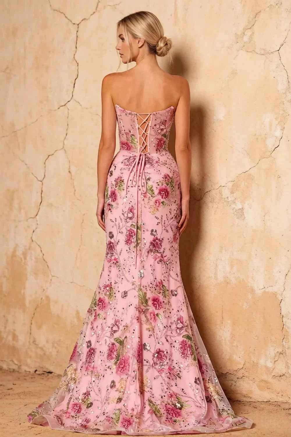 Translation missing: en.Mabel Pink strapless sweetheart floral embellished mermaid maxi dress with side slit - product photo 2 content.product_image_secondary