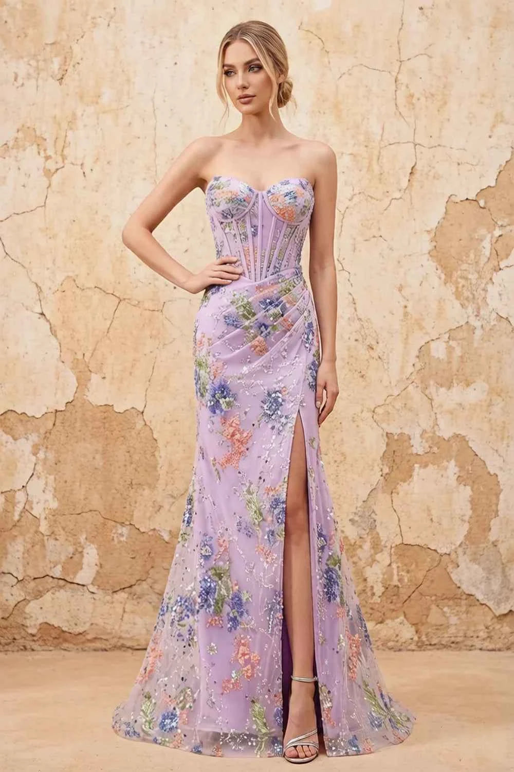 Mabel Purple Mermaid Strapless Maxi Dress With Slit