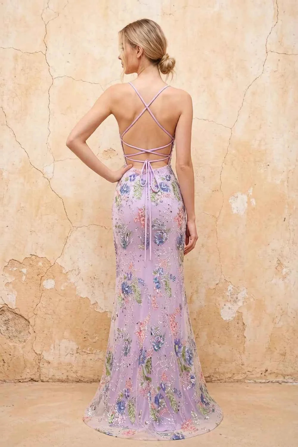 Translation missing: en.Madeline Purple sparkly floral tulle V-neck mermaid maxi dress with crossed back straps - product photo 2 content.product_image_secondary