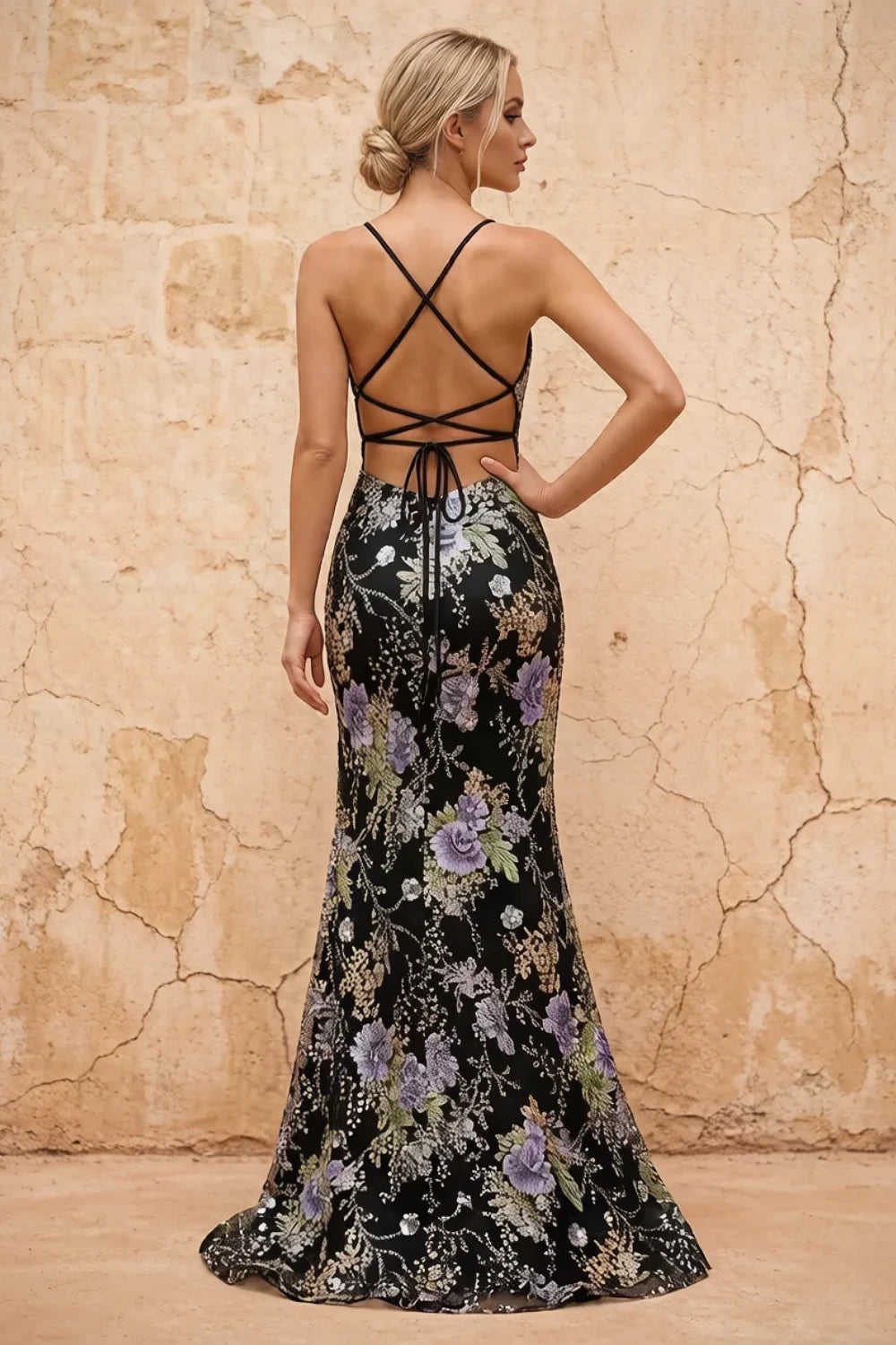 Translation missing: en.Maggie Glitter Black floral embellished V-neck mermaid maxi dress with high slit - product photo 2 content.product_image_secondary