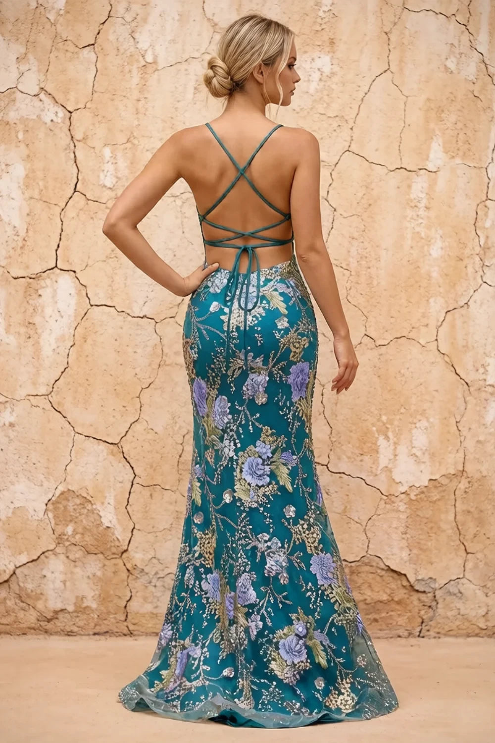 Translation missing: en.Maggie Glitter Peacock floral embellished V-neck mermaid maxi dress with high slit - product photo 2 content.product_image_secondary