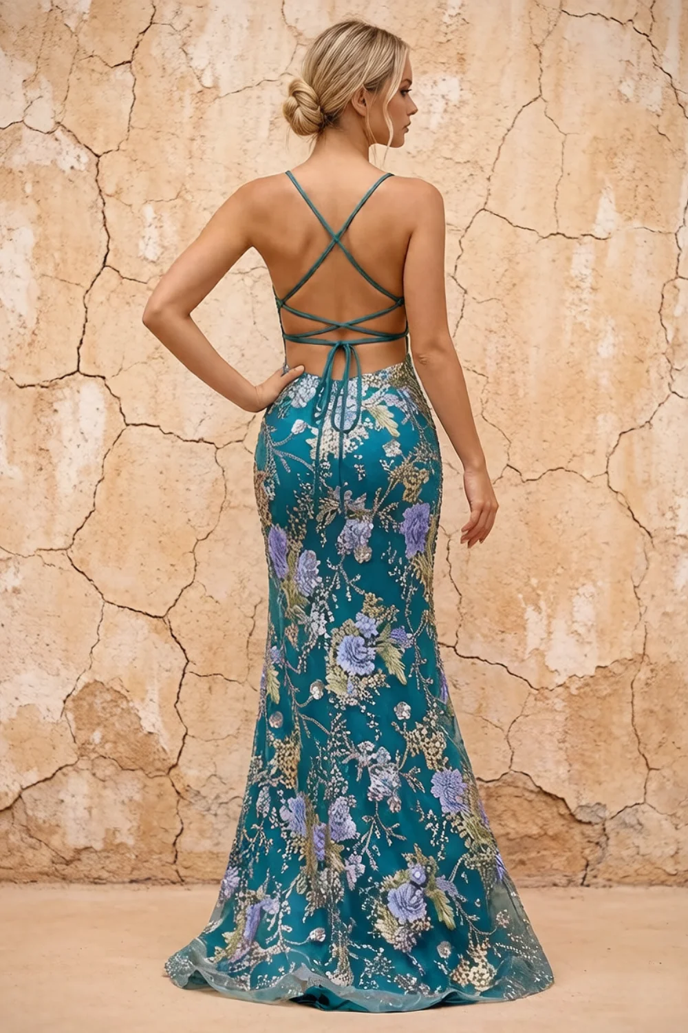 Maggie Glitter Peacock V-neck Mermaid Maxi Dress