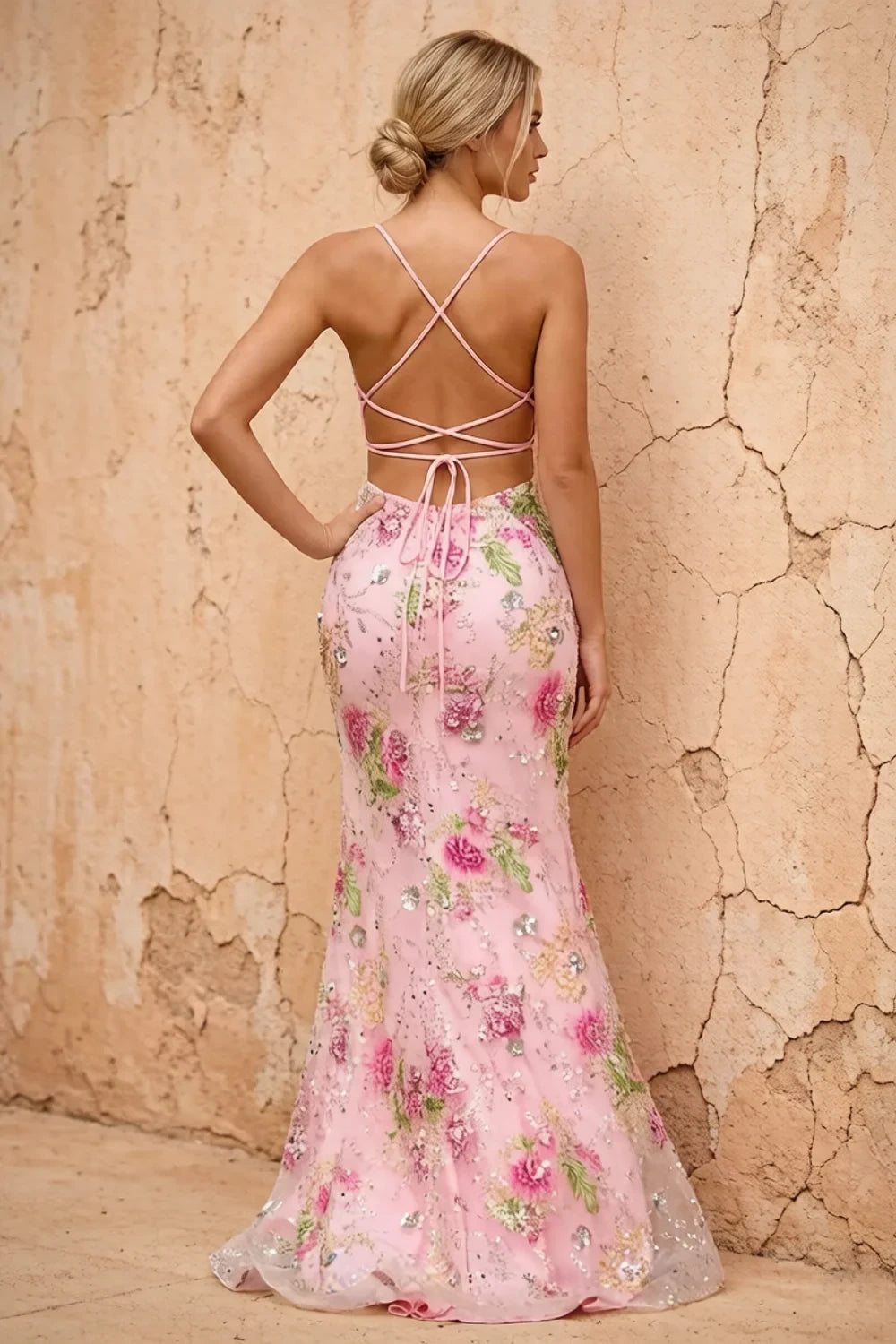 Translation missing: en.Maggie Glitter Pink floral embellished V-neck mermaid maxi dress with high slit - product photo 2 content.product_image_secondary