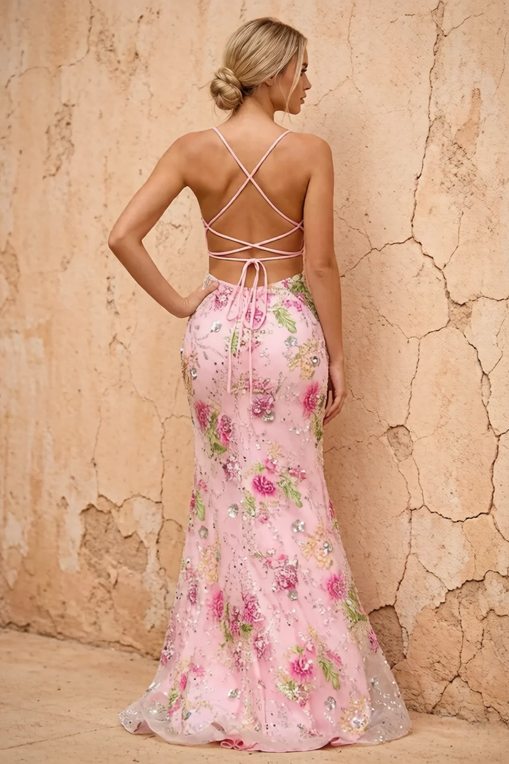 Maggie Glitter Pink V-neck Mermaid Maxi Dress