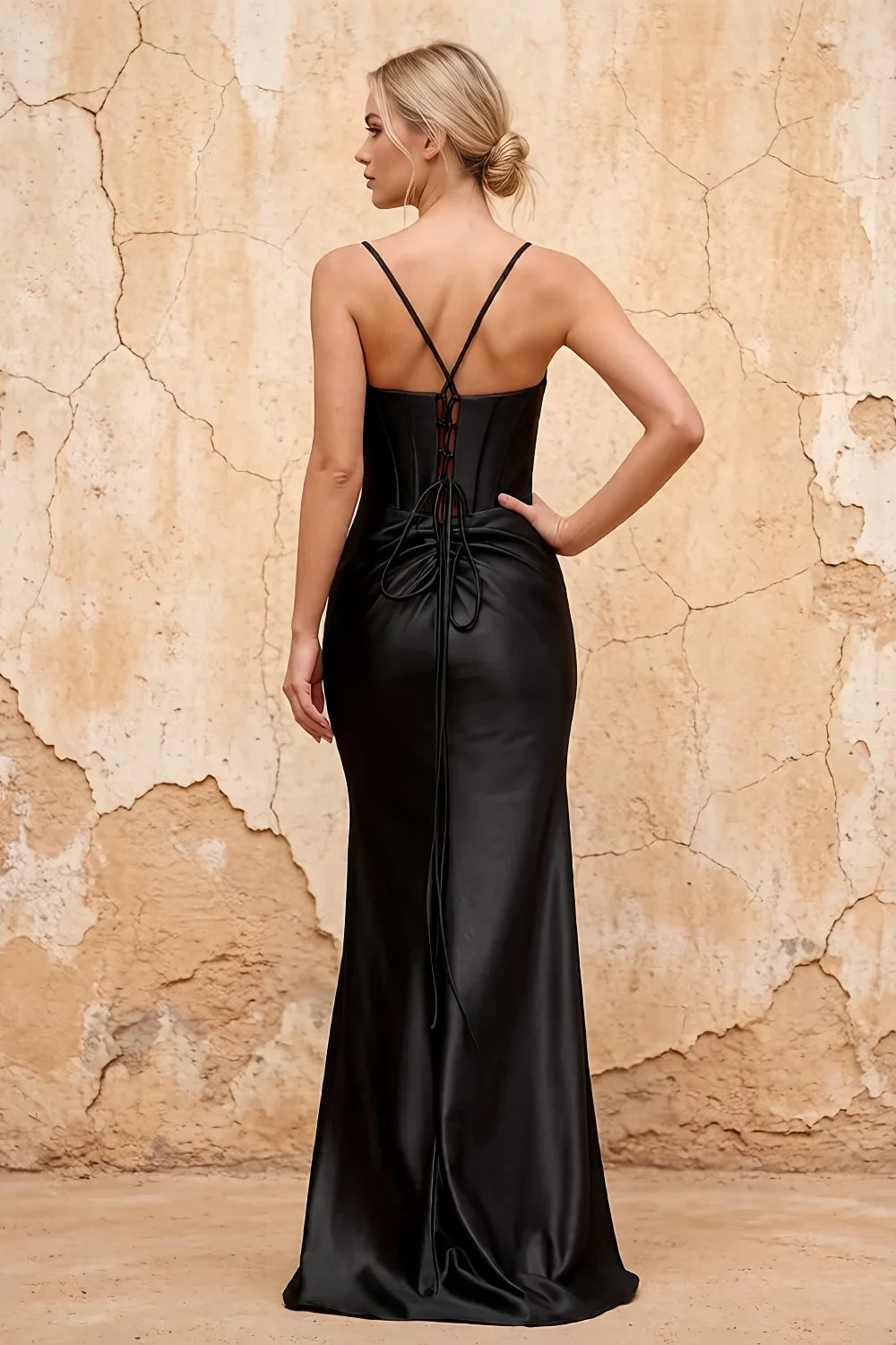 Translation missing: en.Margaret Black satin sheath corset maxi dress with thin straps and high side slit - product photo 2 content.product_image_secondary