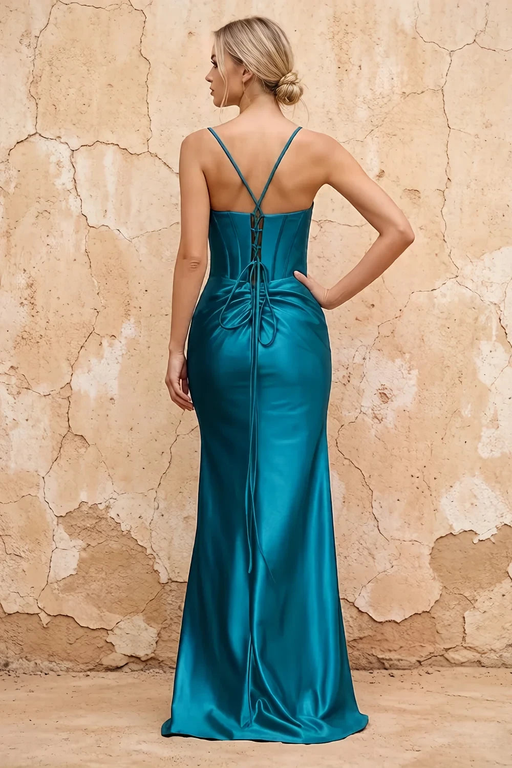 Translation missing: es.Margaret Blue satin sheath corset maxi dress with thin straps and high side slit - product photo 2 content.product_image_secondary