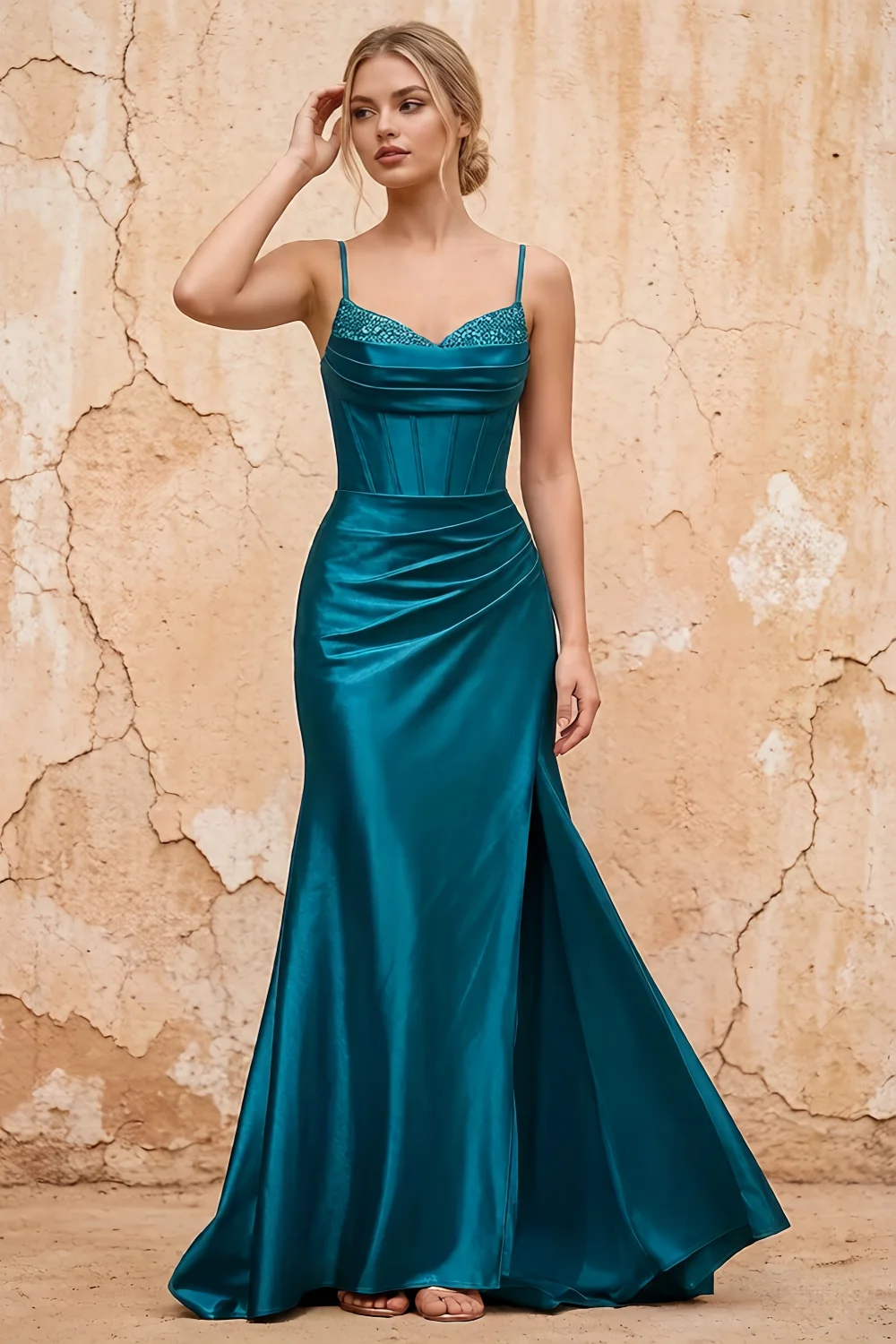 Margaret Blue Satin Sheath Corset Maxi Dress